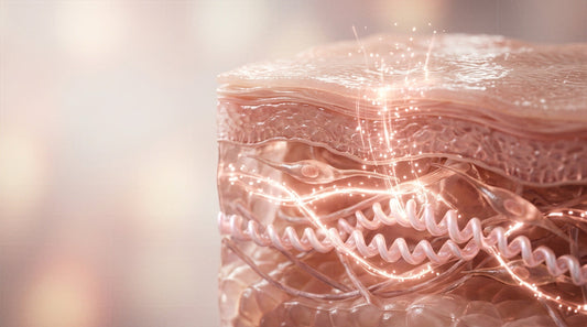3D-Illustration eines Hautquerschnitts mit leuchtender Kollagenstruktur in der Lederhaut.